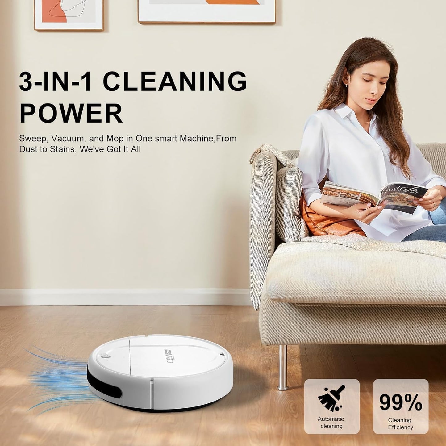 Robot Vacuum and Mop Combo, Robot Vacuum Cleaner,3-in-1 Robot Vacuum, Low Noise, Slim Design, Anti-Tangle, Advanced Obstacle Avoidance, Perfect for pet Hair, Carpets, and Hard Floors