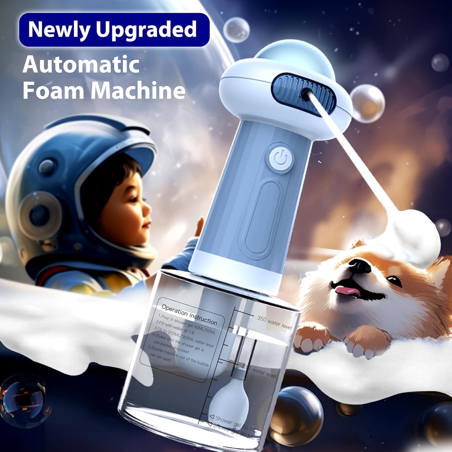 Dog Shampoo Dispenser, UFO Dog Shampoo Sprayer, Electric Foaming Shampoo Dispenser for Dog and Cat Washing, for Bathtub, Kitchen Sink, Bathroom Cleaning, Blue